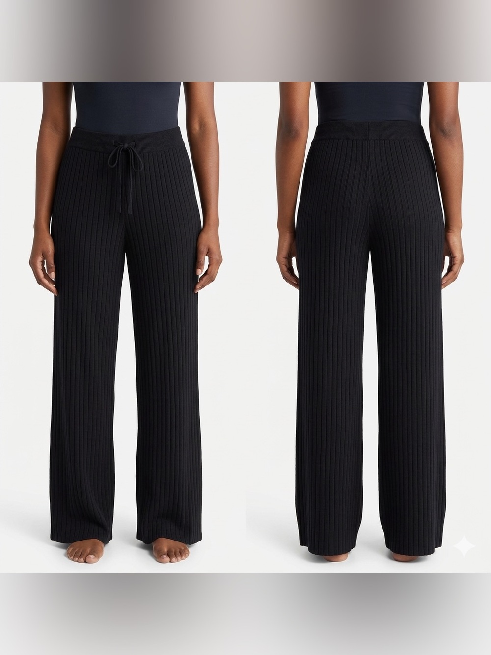 Black Wide-Leg Ribbed Knit Pants - Women